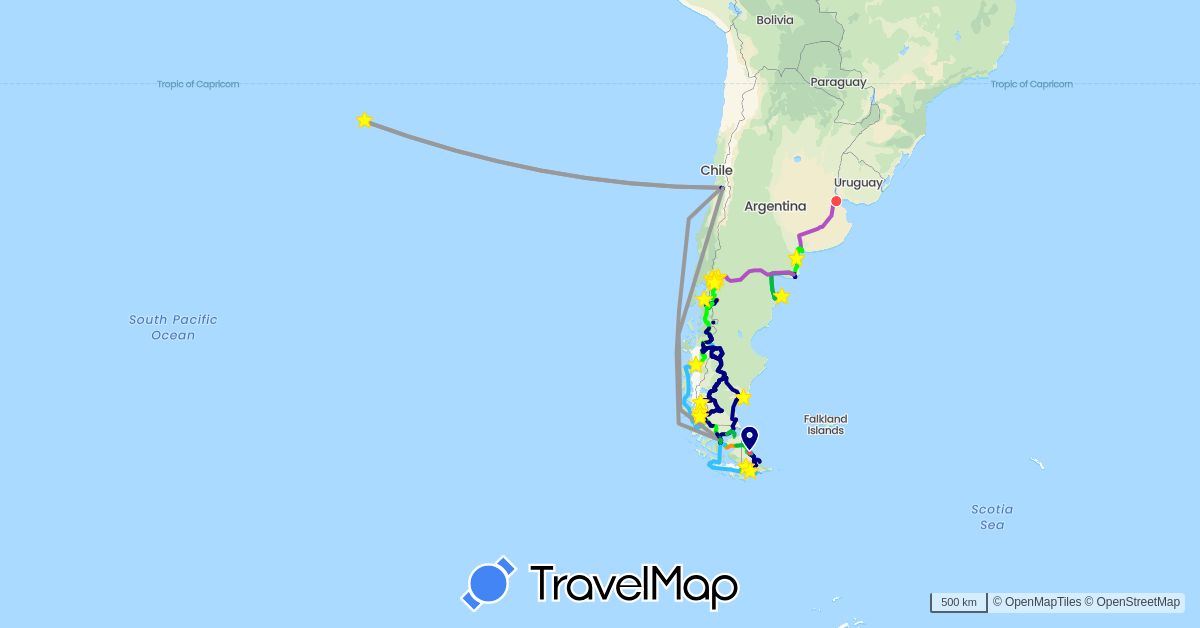 TravelMap itinerary: driving, bus, plane, cycling, train, hiking, boat, hitchhiking, vélo in Argentina, Chile (South America)