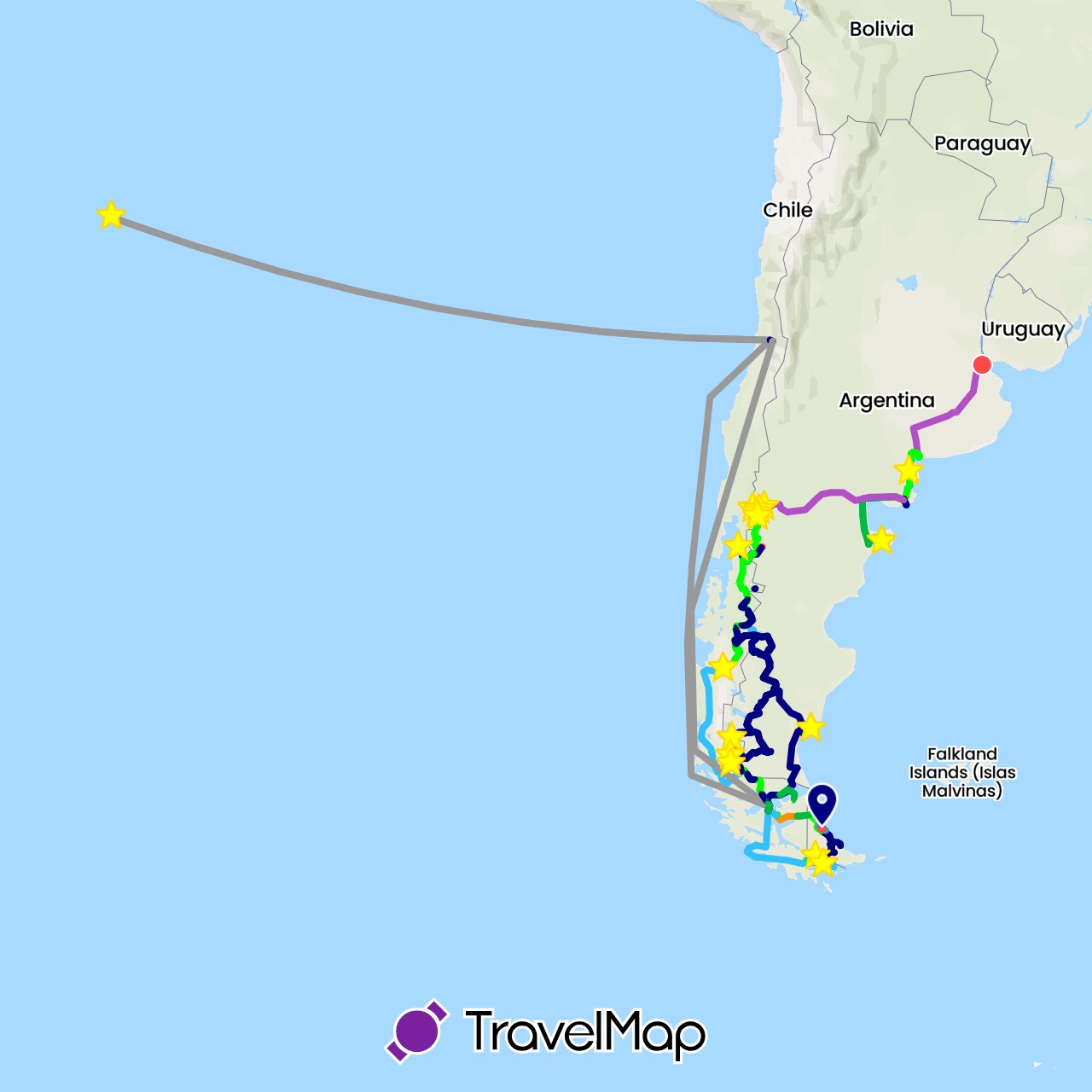 TravelMap itinerary: driving, bus, plane, cycling, train, hiking, boat, hitchhiking, vélo in Argentina, Chile (South America)