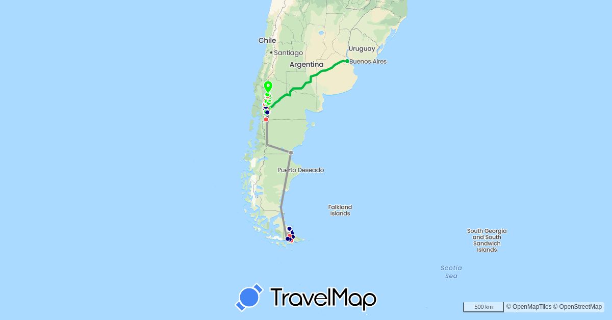 TravelMap itinerary: driving, bus, plane, hiking, boat, vélo in Argentina (South America)