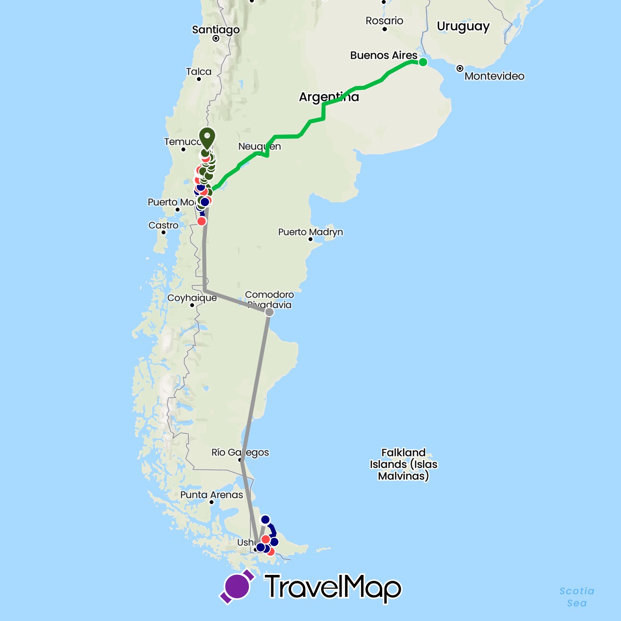 TravelMap itinerary: driving, bus, plane, hiking, boat, vélo in Argentina (South America)