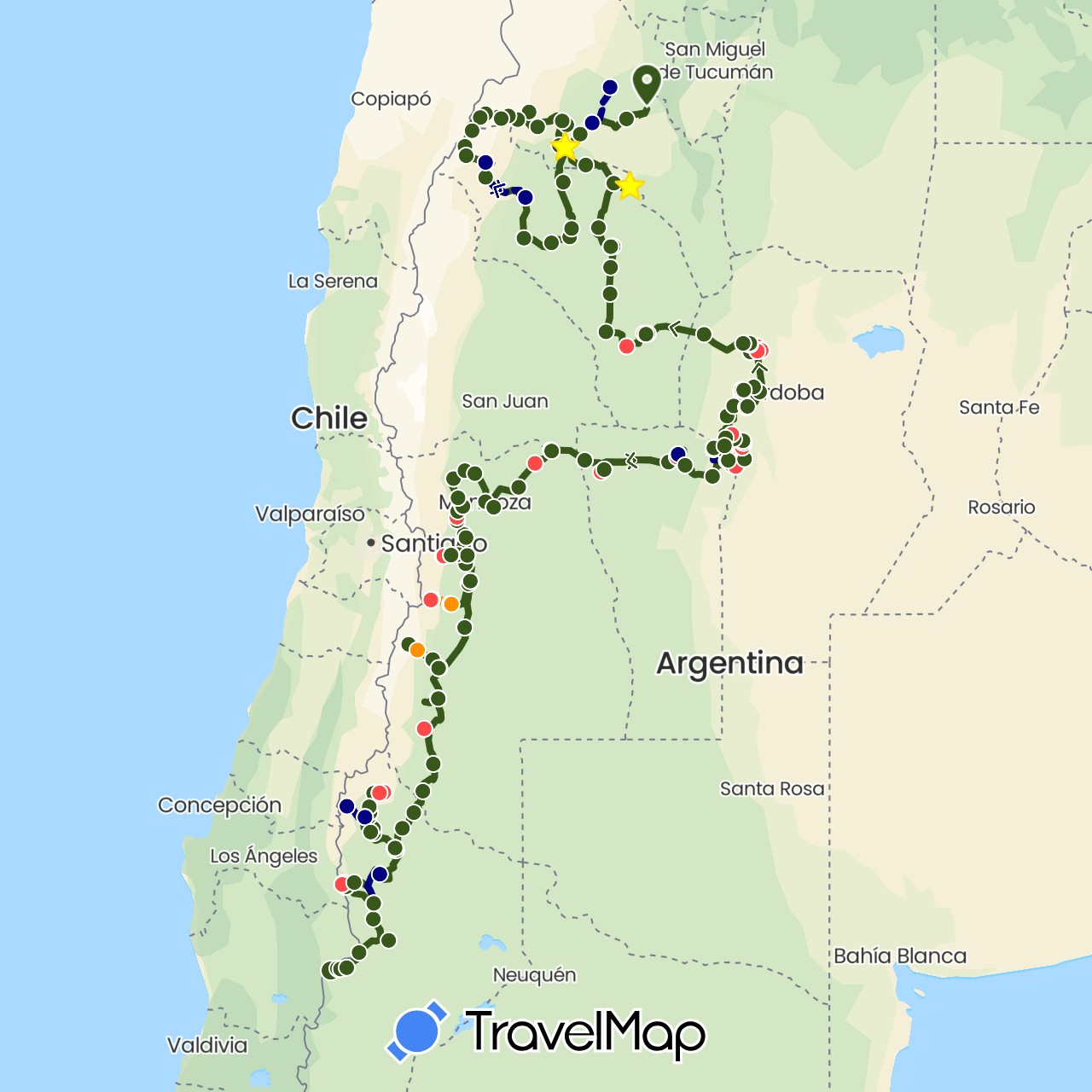 TravelMap itinerary: driving, hiking, hitchhiking, vélo in Argentina (South America)