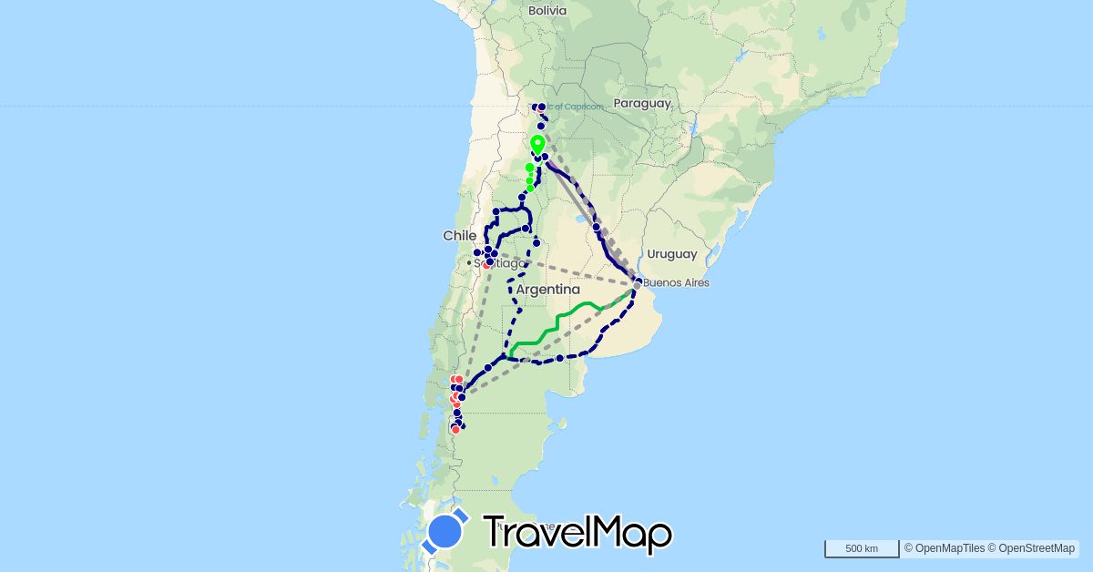 TravelMap itinerary: driving, bus, plane, cycling, train, hiking, vélo in Argentina (South America)