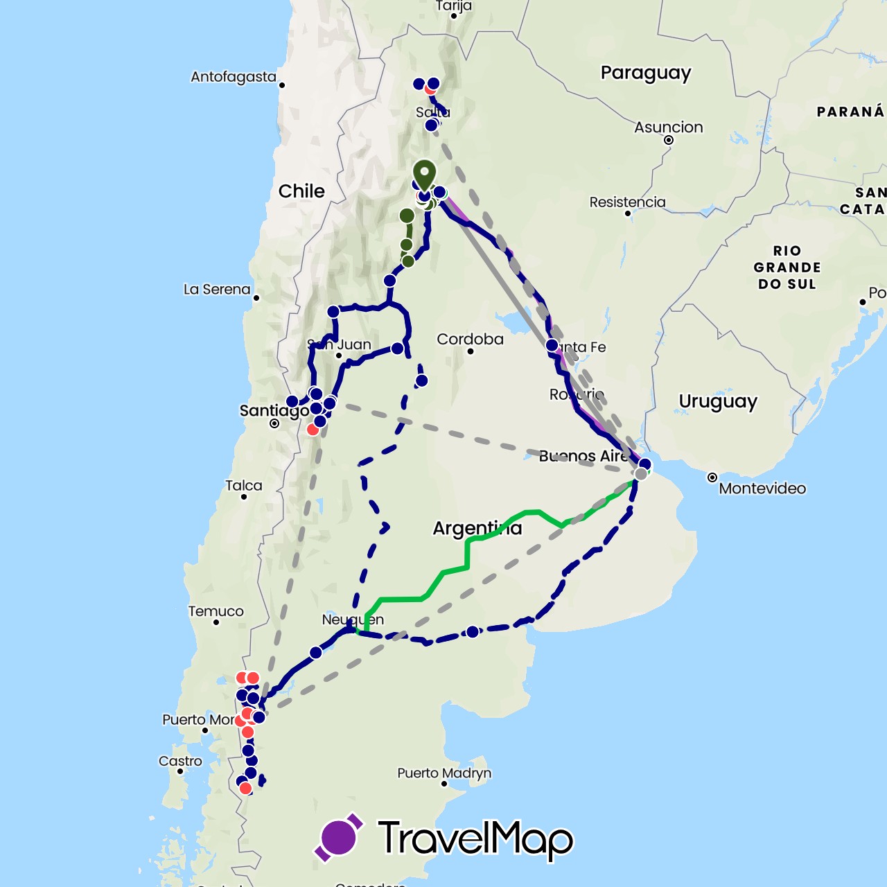 TravelMap itinerary: driving, bus, plane, cycling, train, hiking, vélo in Argentina (South America)