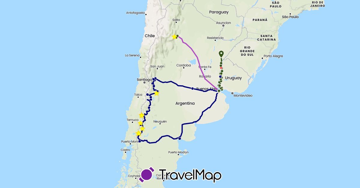 TravelMap itinerary: driving, train, hiking, boat, vélo in Argentina, Uruguay (South America)