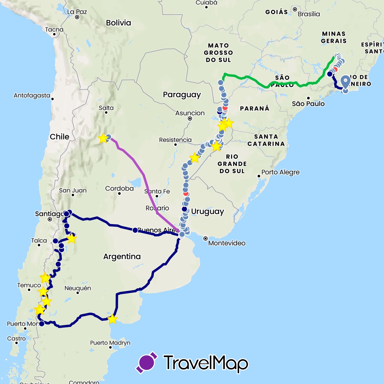 TravelMap itinerary: driving, bus, cycling, train, hiking, boat, vélo, camion, kayak, nage in Argentina, Brazil, Paraguay, Uruguay (South America)