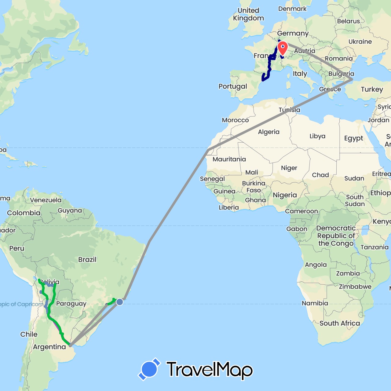 TravelMap itinerary: driving, bus, plane, cycling, train, hiking in Andorra, Argentina, Bolivia, Brazil, Switzerland, Germany, Spain, France, Luxembourg, Turkey (Asia, Europe, South America)