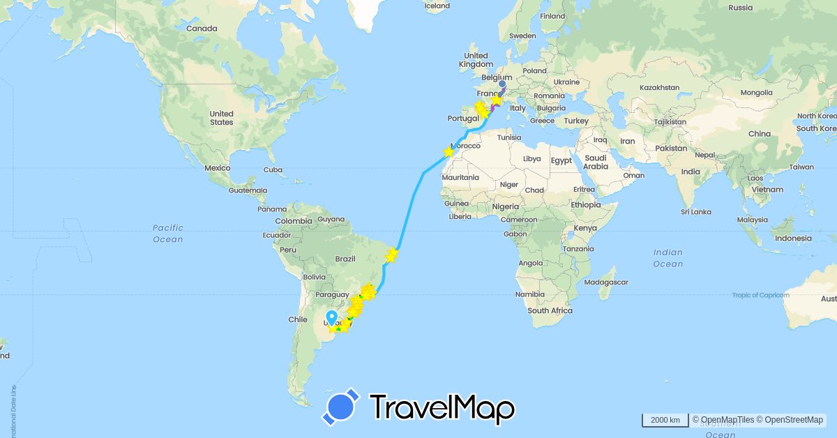 TravelMap itinerary: driving, bus, cycling, train, hiking, boat, motorbike, vélo in Argentina, Brazil, Switzerland, Germany, Spain, France, Morocco, Uruguay (Africa, Europe, South America)