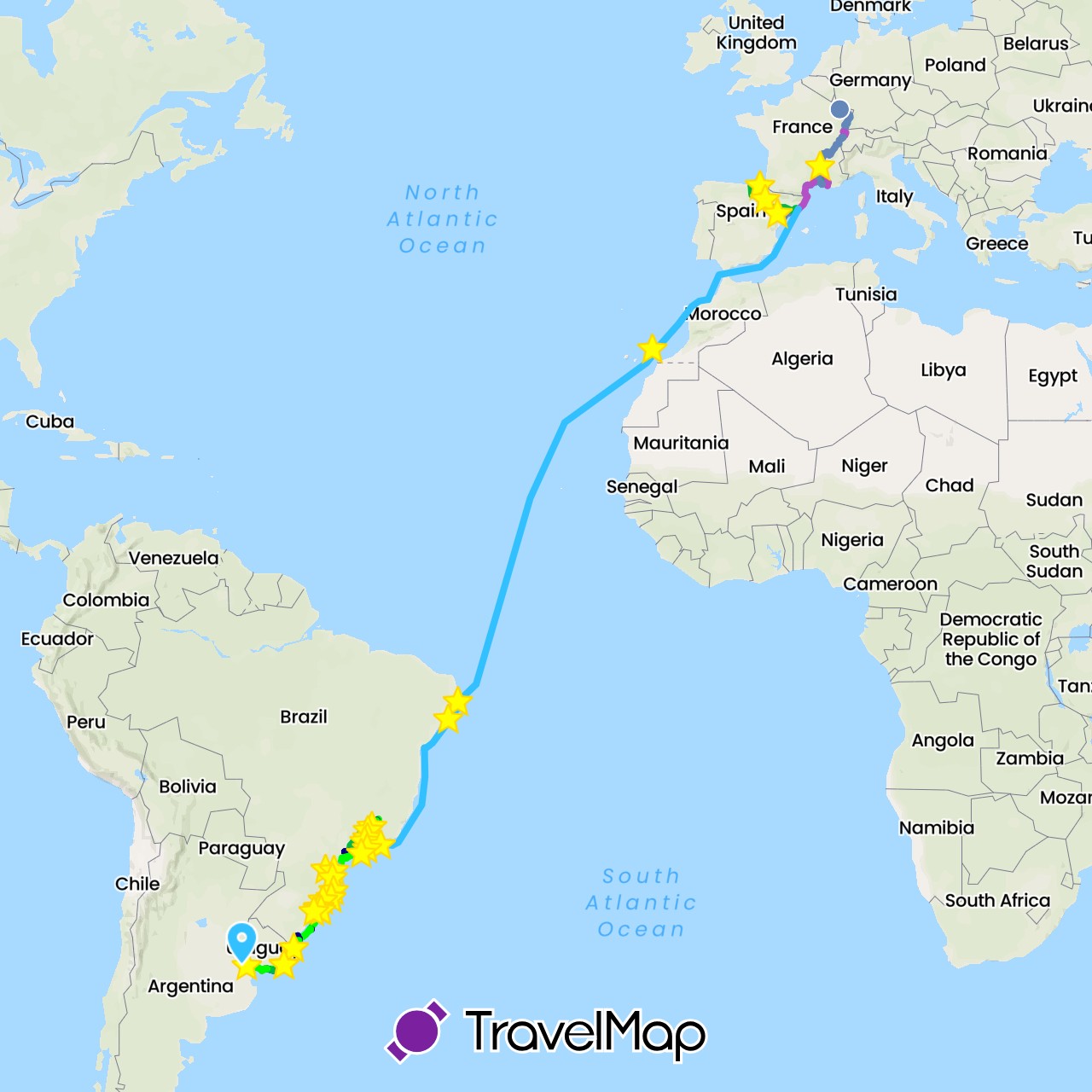 TravelMap itinerary: driving, bus, cycling, train, hiking, boat, motorbike, vélo in Argentina, Brazil, Switzerland, Germany, Spain, France, Morocco, Uruguay (Africa, Europe, South America)