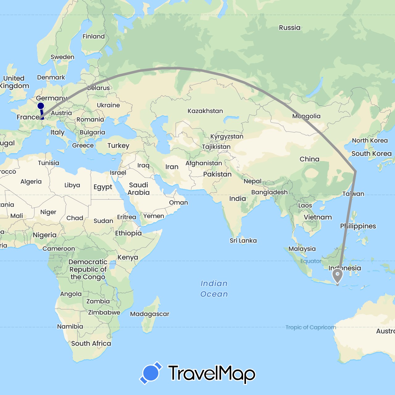 TravelMap itinerary: driving, plane in Switzerland, China, France, Indonesia (Asia, Europe)